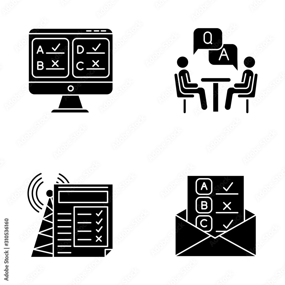 Survey methods glyph icons set. Online, email, internet connection poll. Interview. Public opinion. Customer review. Feedback. Evaluation. Sociology. Silhouette symbols. Vector isolated illustration Survey methods glyph icons set. Online, email, internet connection poll. Interview. Public opinion. Customer review. Feedback. Evaluation. Sociology. Silhouette symbols. Vector isolated illustration