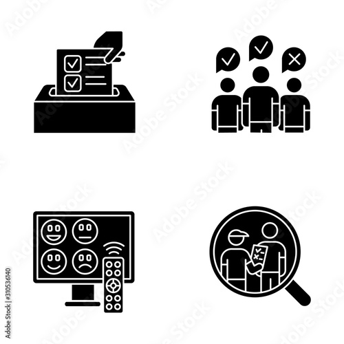 Survey methods glyph icons set. Anonymous poll, TV channel rating. Focus group. Interview. Public opinion. Customer review. Feedback. Evaluation. Silhouette symbols. Vector isolated illustration