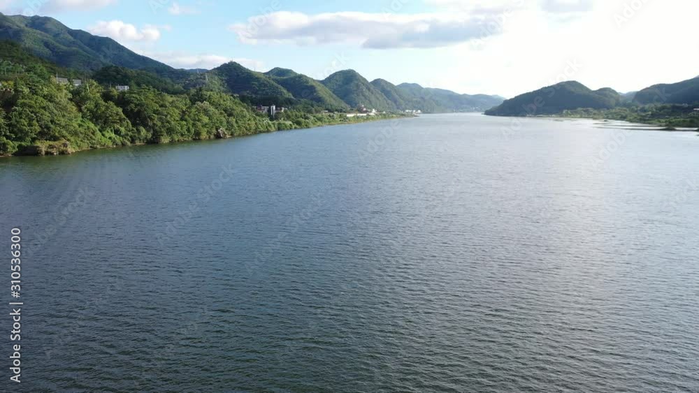 Daeseong-ri, South Korea 3 October 2019: 4K Aerial Drone Footage View of Jet skiing in Han River.. Daeseong-ri, South Korea 3 October 2019: 4K Aerial Drone Footage View of Jet skiing in Han River..