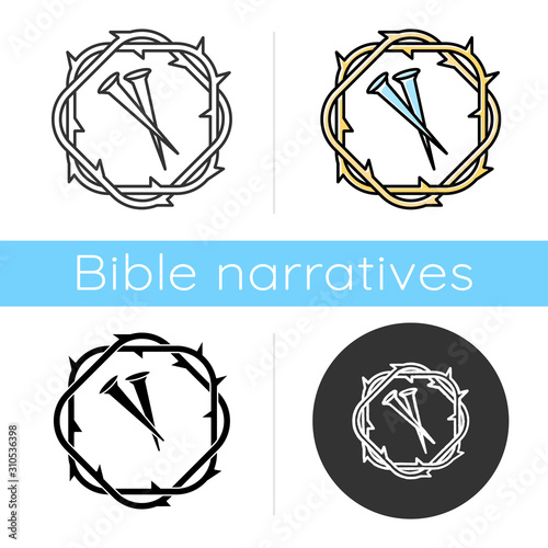 Crown of thorns and nails icon. Symbols of Passion of Jesus Christ. Easter wreath and spikes. Good Friday. New Testament. Flat design, linear and color styles. Isolated vector illustrations