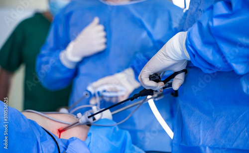 Medical devices, Interior hospital design concept. Interior of operating room in modern clinic, special surgery equipment, Closeup