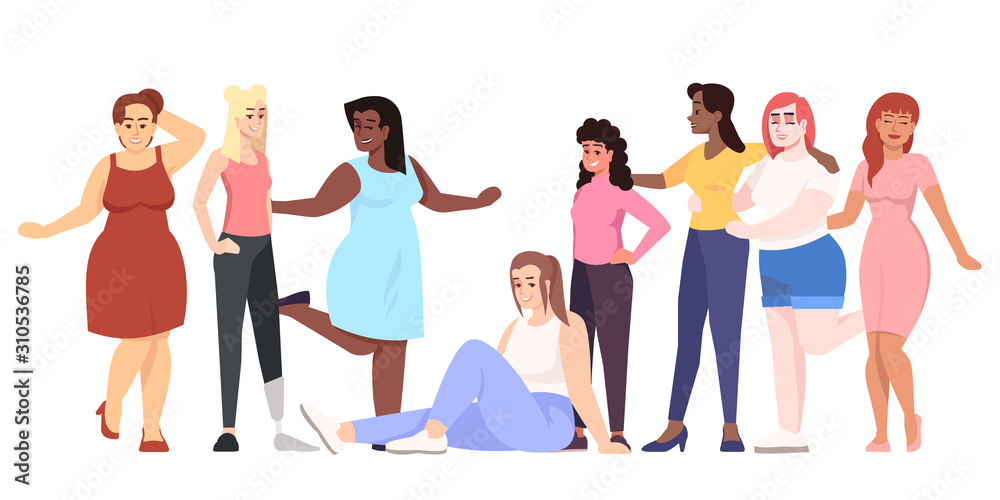 Women flat vector illustration. Body positive. Struggle for equality and  feminism. Thin and plus size figure. Smiling ladies of different  nationalities isolated cartoon character on white background Stock Vector |  Adobe Stock