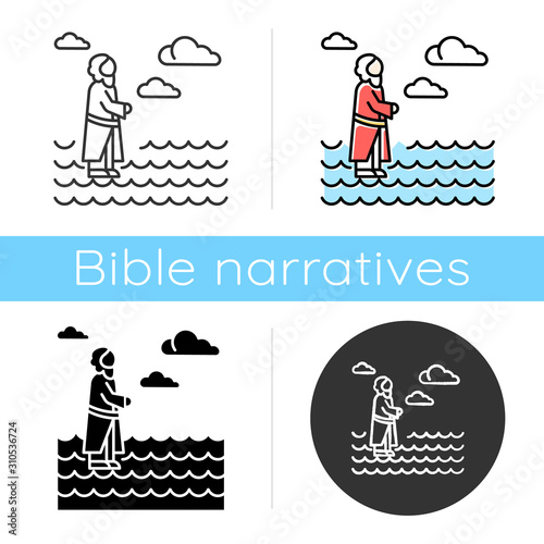 Jesus walking on water icon. Miracles of Jesus Christ. Savior on water surface offering open hand, waching to heaven. New Testament. Flat design, linear and color styles. Isolated vector illustrations
