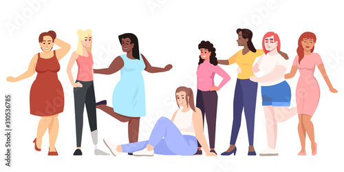 Women flat vector illustration. Body positive. Struggle for equality and feminism. Thin and plus size figure. Smiling ladies of different nationalities isolated cartoon character on white background