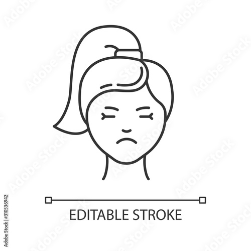 Migraine linear icon. Emotional expression on female face. Sadness and low mood. Predmenstrual syndrome. Thin line illustration. Contour symbol. Vector isolated outline drawing. Editable stroke