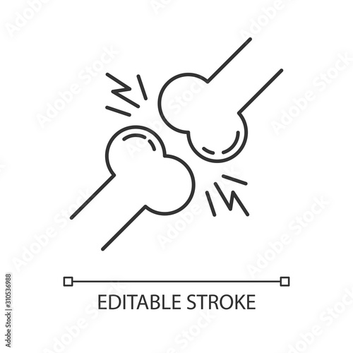 Joint pain linear icon. Knee injury. Wrist trauma. Strained muscle. Arthritis, osteoarthritis. Ligament spasm. Thin line illustration. Contour symbol. Vector isolated outline drawing. Editable stroke