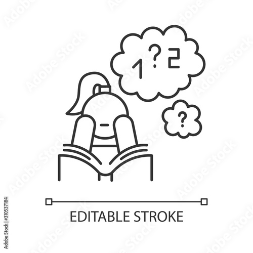 Poor concentration linear icon. Math problem solving. Algebra studying. Wandering focus. Boring read. Thin line illustration. Contour symbol. Vector isolated outline drawing. Editable stroke