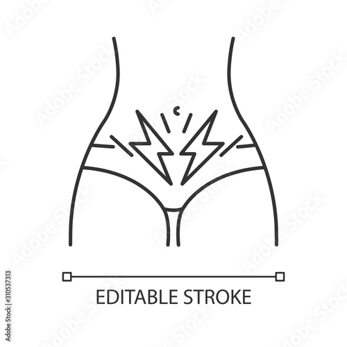 Cramp linear icon. Menstrual abdominal pain. Predmenstrual syndrome. Period symptom. Diarrhea, constipation. Thin line illustration. Contour symbol. Vector isolated outline drawing. Editable stroke