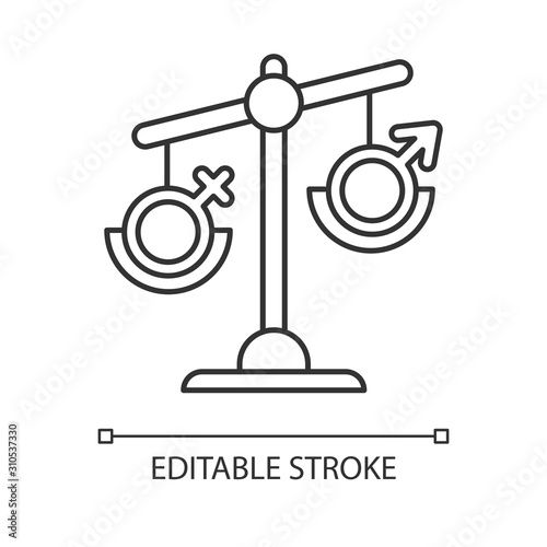 Hormone imbalance linear icon. Female and male gender sign on scale. Disbalance in testosterone and estrogen. Thin line illustration. Contour symbol. Vector isolated outline drawing. Editable stroke