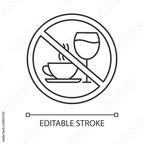 Caffeine and alcohol refusal linear icon. Deny wine and coffee. No unhealthy habits. Stop sign with beverages. Thin line illustration. Contour symbol. Vector isolated outline drawing. Editable stroke