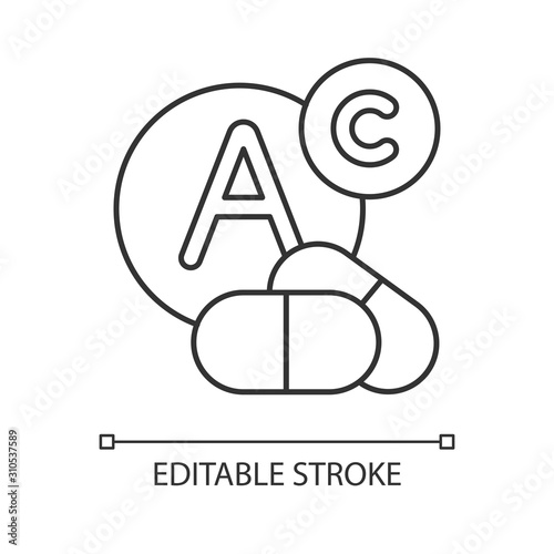 Vitamin intake linear icon. Diet supplement. Multivitamin complex supply. Nutrition and healthcare. Thin line illustration. Contour symbol. Vector isolated outline drawing. Editable stroke