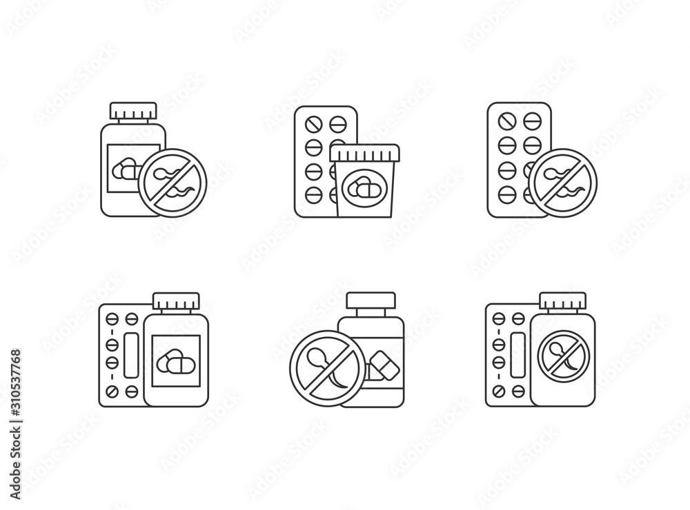 Birth control linear icons set. Unwanted pregnancy prevention. Predmenstrual syndrome prescription. Thin line contour symbols. Isolated vector outline illustrations. Editable stroke. Perfect pixel Birth control linear icons set. Unwanted pregnancy prevention. Predmenstrual syndrome prescription. Thin line contour symbols. Isolated vector outline illustrations. Editable stroke. Perfect pixel