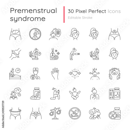 Predmenstrual syndrome linear icons set. Period abdominal pain. Emotional outburst. Hormone imbalance. Thin line contour symbols. Isolated vector outline illustrations. Editable stroke. Perfect pixel