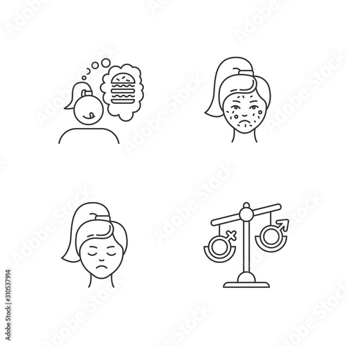 Predmenstrual syndrome linear icons set. Food craving. Acne and pimple. Hormonal disbalance. Thin line contour symbols. Isolated vector outline illustrations. Editable stroke. Perfect pixel
