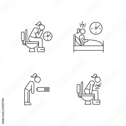Predmenstrual syndrome linear icons set. Menstruation symptoms. Sleep deprivation. Diarrhea, sickness. Thin line contour symbols. Isolated vector outline illustrations. Editable stroke. Perfect pixel