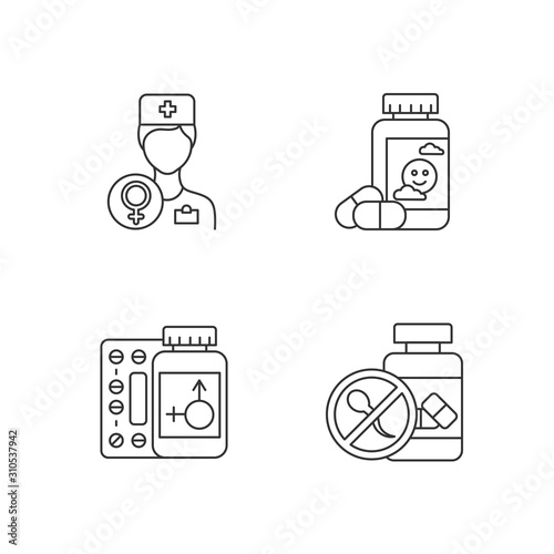 Gynecology linear icons set. Antidepressant pills. Hormone replacement therapy. Birth control. Thin line contour symbols. Isolated vector outline illustrations. Editable stroke. Perfect pixel