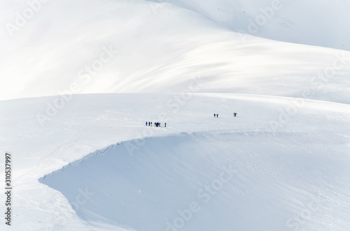 A group of skiers are preparing for a free ride in the Carpathian Mountains © Andrii Marushchynets