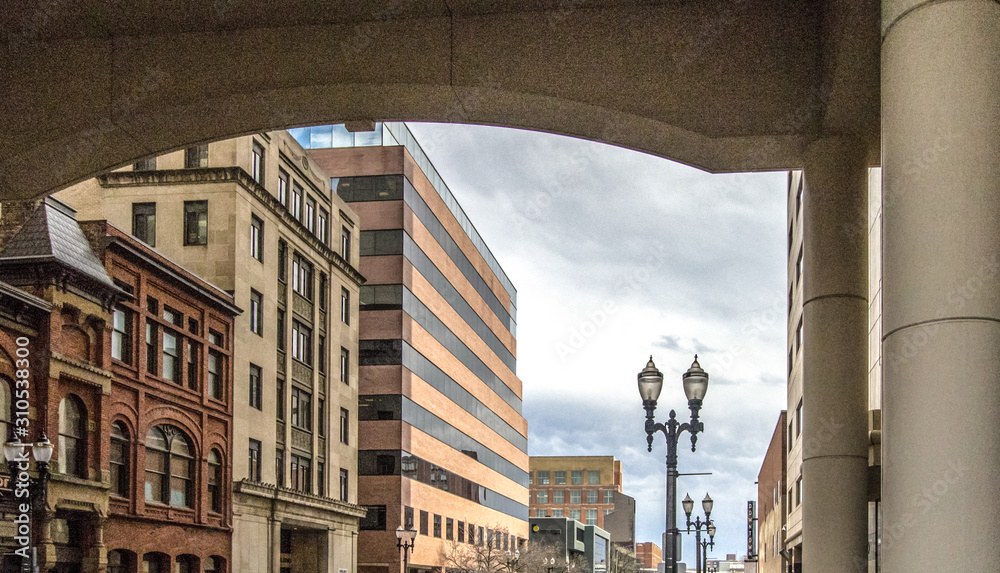 Downtown Lansing Michigan Skyline. Panorama of city streets of downtown Lansing. Lansing is the