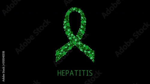Hepatitis awareness animation with green jade dots forming a ribbon. Liver inflammation disease. Medical concept. Seamless loop motion graphics with alpha channel.