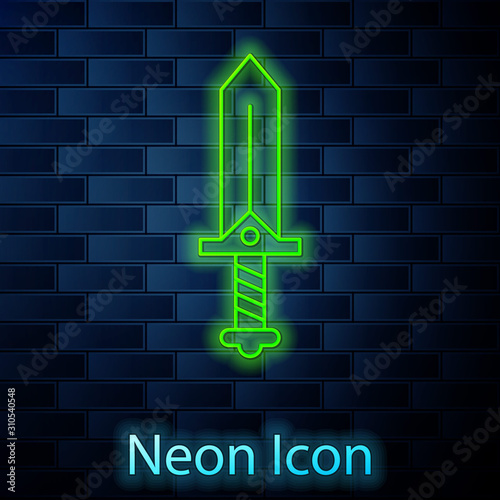 Glowing neon line Sword for game icon isolated on brick wall background. Vector Illustration