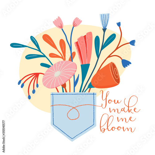 Bunch of wild flowers stuck in a jeans pocket with you make me bloom romantic text, lovely hippie, boho style greeting card, postcard, banner, love message design, vector illustration