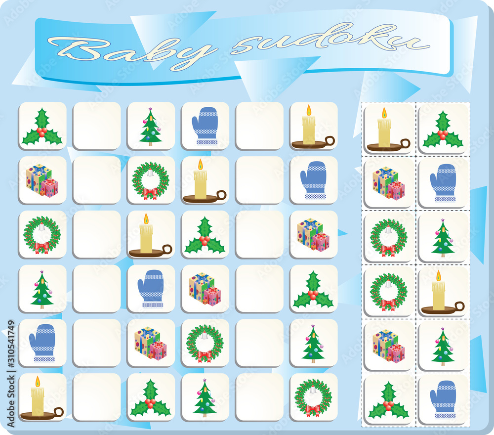 Baby Sudoku with colorful Christmas symbols Baby Sudoku with colorful Christmas symbols
