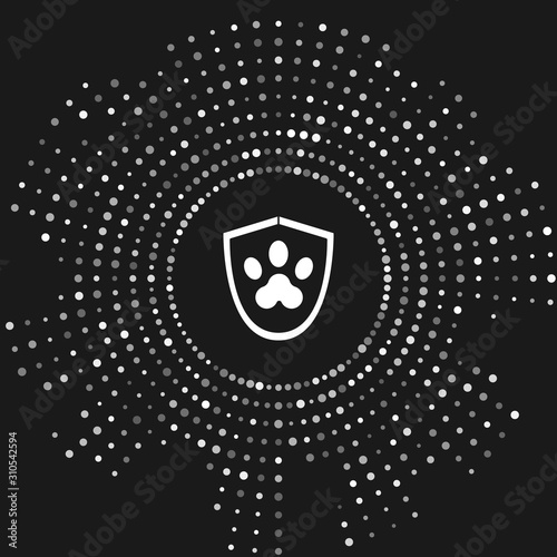 White Animal health insurance icon isolated on grey background. Pet protection icon. Dog or cat paw print. Abstract circle random dots. Vector Illustration
