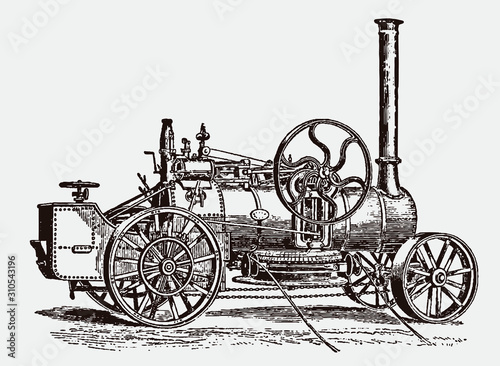 Historical double-cylinder engine and windlass in side view. Illustration after an engraving from the 19th century