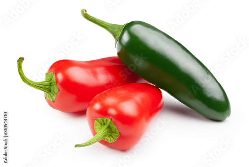 Red and green jalapeno peppers on white
