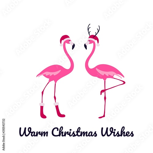 Pink flamingo Christmas and happy New Year greeting card. Warm winter wishes.