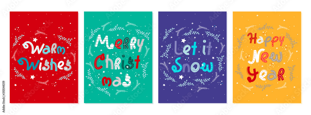Set of holiday color postcard with lettering. Winter postcard template. Collection color postcards with holiday elements. Christmas and New Year vector illustrations with congratulation