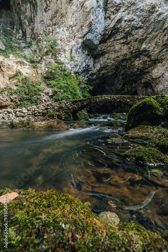 Famous old stone bridge in the karst caves of Rakov Skocjan area. Caves, underground river, depresions and skink holes of Natural park Rakov Skocjan Gorge, Slovenia. Small stone bridge over a stream.