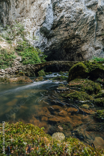 Famous old stone bridge in the karst caves of Rakov Skocjan area. Caves, underground river, depresions and skink holes of Natural park Rakov Skocjan Gorge, Slovenia. Small stone bridge over a stream.