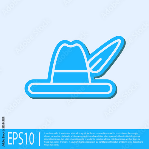 Blue line Oktoberfest hat icon isolated on grey background. Hunter hat with feather. German hat. Vector Illustration