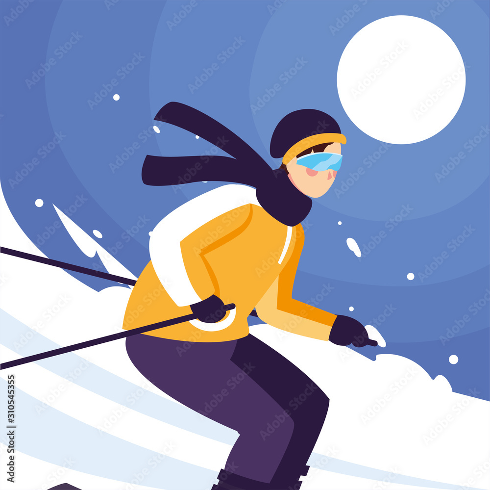 man with mountain ski, standing and in motion. Alpine skiing, extreme winter sport man with mountain ski, standing and in motion. Alpine skiing, extreme winter sport
