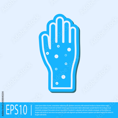 Blue line Hand with psoriasis or eczema icon isolated on grey background. Concept of human skin response to allergen or chronic body problem. Vector Illustration