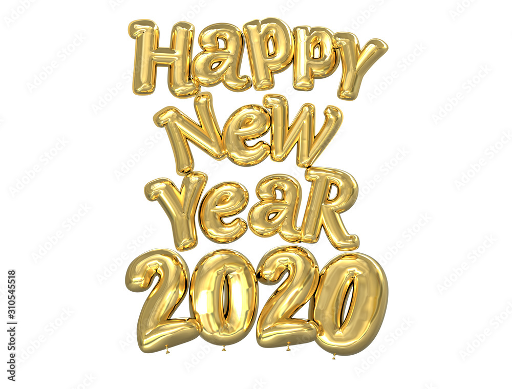 Fototapeta premium Foil balloon 2020 Gold Happy New Year on a white background, 3D illustration