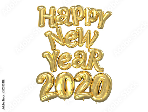 Foil balloon 2020 Gold Happy New Year on a white background, 3D illustration