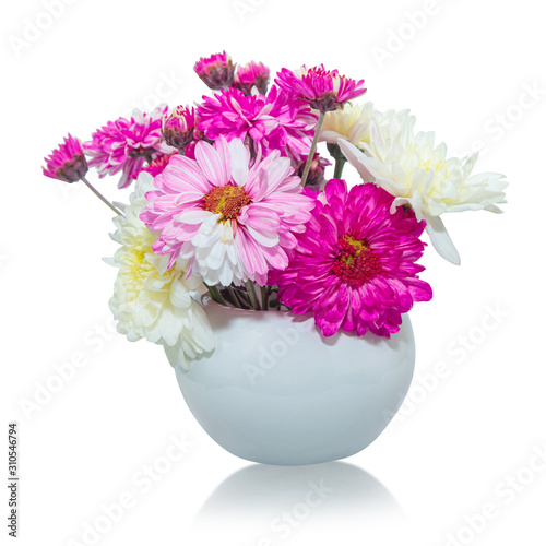 Wallpaper Mural Pink and white chrysanthemum flowers in vase on isolated white background.Floral object.clipping path Torontodigital.ca