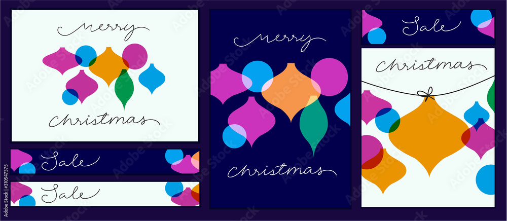 A set of christmas cards and online marketing materials fresh modern abstract contemporary design of vector baubles and hand written fully editable path typography line with space for your text