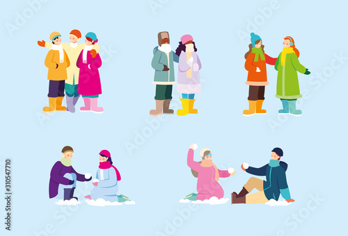 set of scenes  people with winter clothes on blue background