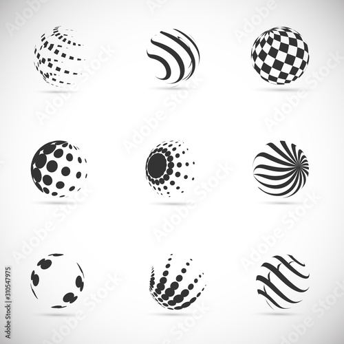 Abstract Globe Logo Set - Isolated On Gray - Vector Illustration. Abstract Globe Vector For Web Icon, Tech Logo And Element Design. 3D Icons For Earth, Global, Globe, Planet And World Logo