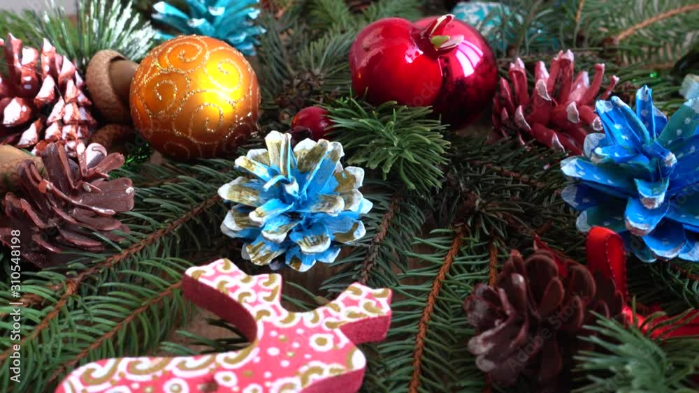 Tree branches and tree toys. New Year's background. Tree branches and tree toys. New Year's background.