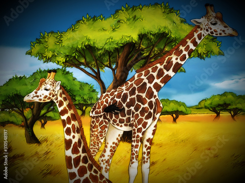 cartoon safari scene with giraffes family eating on the meadow - illustration for children