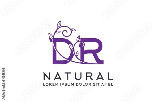Creative purple floral wedding initial DR icon design. Vector logo template