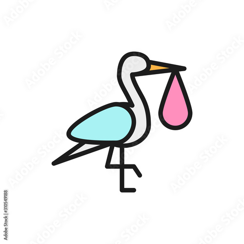 Crane bird with baby bag, stork flat color line icon.