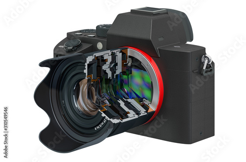 Sectional of mirrorless digital camera. 3D rendering photo