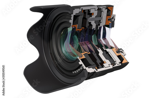 Sectional of camera lens, fixed focal length lens. 3D rendering