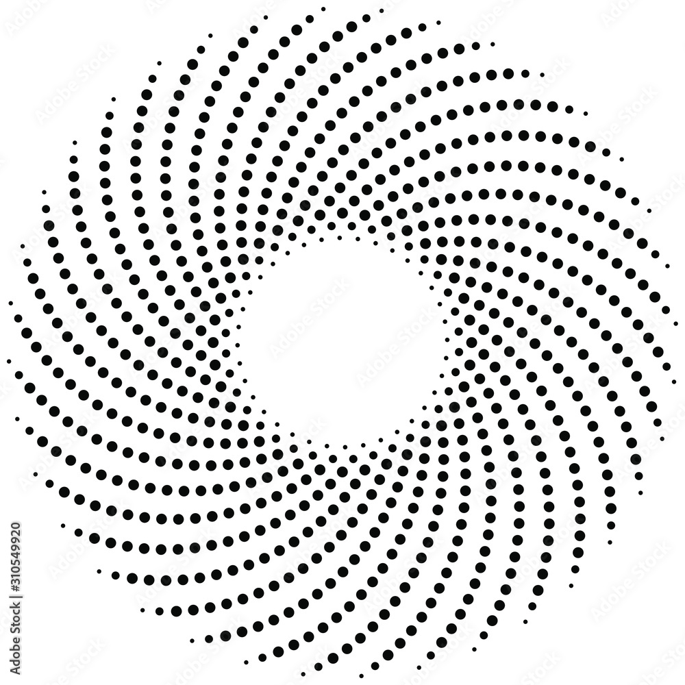 Black vector halftone dots in circle form. White background. Geometric art. Trendy design element for border frame, logo, sign, symbol, prints, web pages, template and monochrome pattern