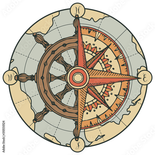 Vector banner of round shape with a hand-drawn ship helm, wind rose and compass on the background of an old map. Vintage illustration, emblem or sign on the theme of travel, adventure and discovery